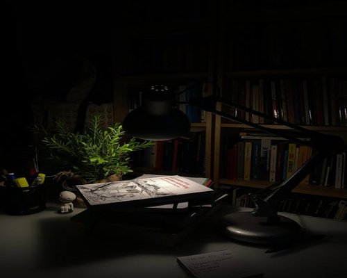 A desk lamp illuminating a book on a dark evening
